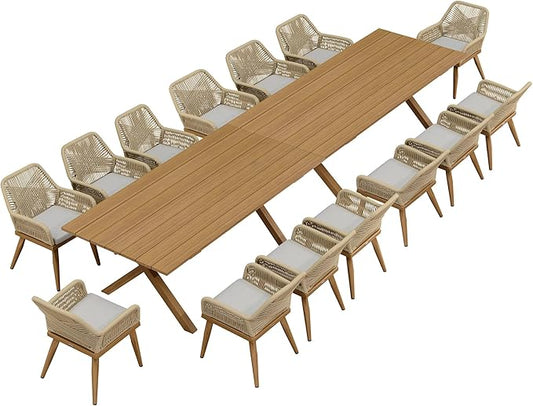 PURPLE LEAF Outdoor Dining Set All-Weather PE Rattan Outdoor Patio Furniture Set with All Aluminum Frame Rectangular Table and Chairs 16 Pieces Set for Lawn Garden Backyard Deck, Teak