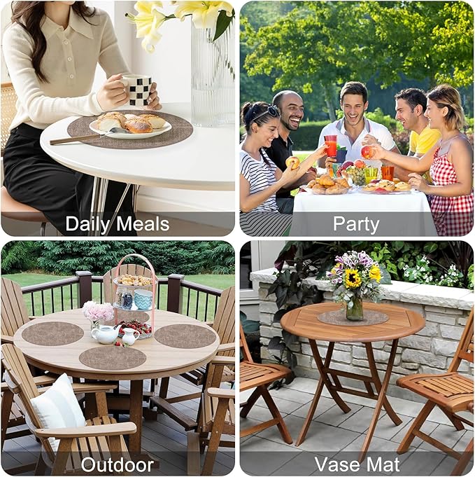 Homaxy Round Faux Leather Placemats and Coasters, Washable Dual-Side Table Mats, Wipeable Heat-Resistant Dining Place Mats for Outdoor and Indoor, Set of 6, Diameter 13 and 3.93 inch, Light Brown
