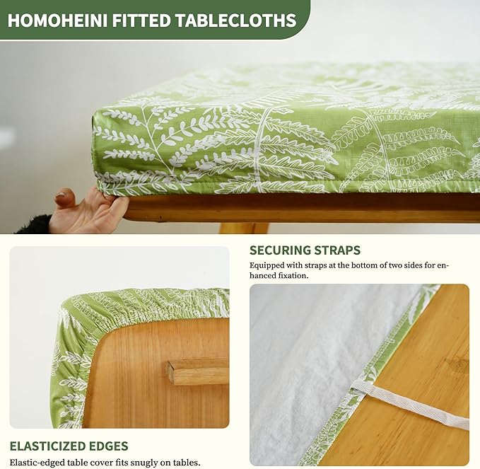 Rectangle Picnic Table Cloth, Elastic Waterproof Fitted Vinyl Tablecloths for 8 Foot Tables, Wipeable Flannel Backed Table Covers for Dining, Camping, Outdoor(Green Leaves,36"x96")