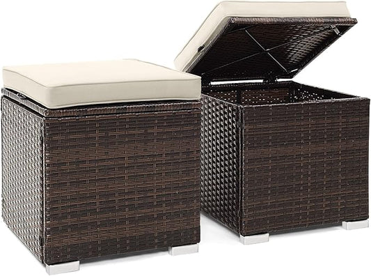 Tangkula 2 Pieces Patio Ottomans, Patiojoy Hand-Woven PE Rattan Side Table with Removable Cushion & Hidden Storage Space, Multifunctional Storage Box, Seat for Patio, Backyard, Poolside (Off White)