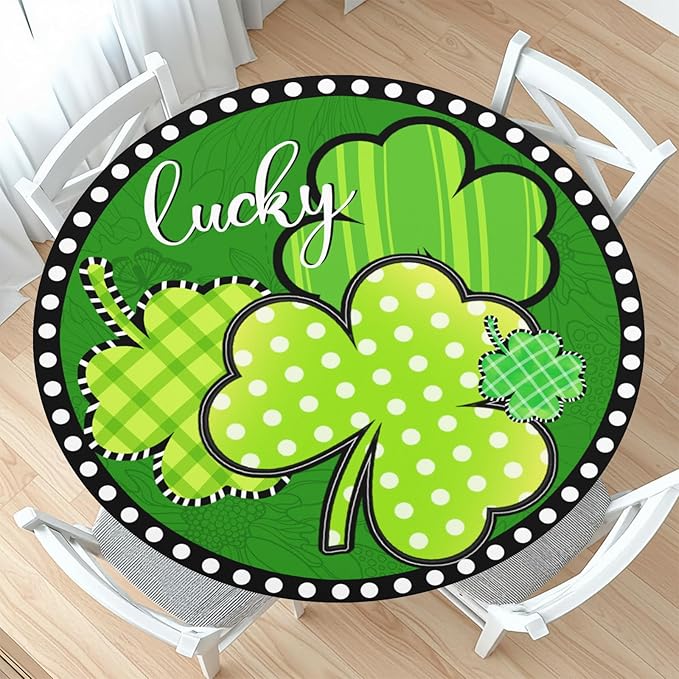 St Patricks Day Round Fitted Tablecloth with Elastic Green Shamrock Lucky Circle Table Cover for 36-40" Tables Spring Clover Wipeable Waterproof Washable Table Cloth for Party Picnic Dining Decor