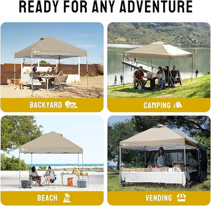 CROWN SHADES 10x10 Pop Up Canopy, Patented Center Lock One Push Tent Canopy, Newly Designed Storage Bag, 8 Stakes, 4 Ropes, Beige