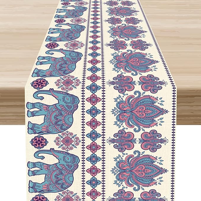 Boho Elephant Table Runner, Rustic African Tribe Animal Damask Diwali India Mandala Art Print Purple Coffee Table Center Decor for Home Kitchen Holiday Party Outdoor Table Decorations, 13"x108"