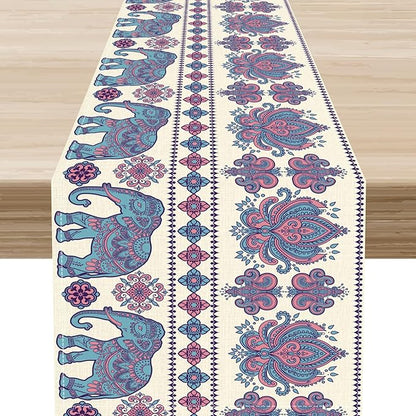 Boho Elephant Table Runner, Rustic African Tribe Animal Damask Diwali India Mandala Art Print Purple Coffee Table Center Decor for Home Kitchen Holiday Party Outdoor Table Decorations, 13"x90"