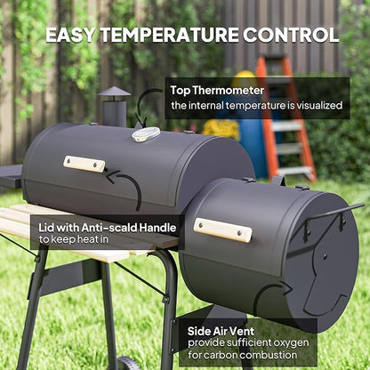 Outsunny 48" Portable Barrel Charcoal BBQ Grill, Steel Outdoor Barbecue Smoker with 232 Square Inches Cooking Space, Storage Shelf, Wheels for Garden Camping Picnic, Black