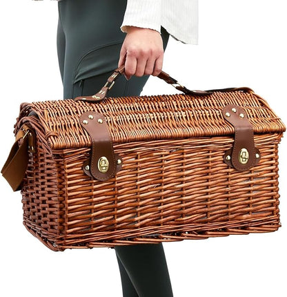 Juvale Picnic Basket for 4 People - 18.1 x 12.2 x 10.2 Inches, Brown, Classic - Complete Wicker Picnic Basket Set with Cooler Bag, Dishes, Utensils & Glasses