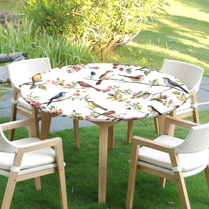 Spring Summer Round Fitted Tablecloth with Elastic Edge Bird Floral Easter Circle Table Cloth for 36-40" Round Tables Wipeable Waterproof Hummingbird Flower Table Cover for Outdoor Picnic Dining Decor