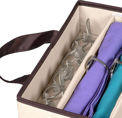 Flatware Storage Case - Durable 5 Compartment Silverware Storage Container Box with Removable Lid and Easy to Carry Handles - Large Capacity Keeps Your Cutlery Organized & Protected - Beige