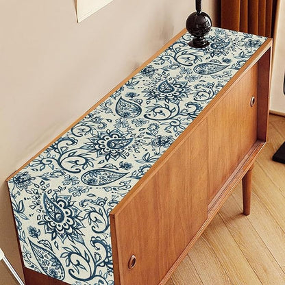 Blue Paisley Table Runner, Vintage Damask Antique Floral Flower Boho Damask Swirled Rustic Coffee Table Center Decor for Family Kitchen and Living Room Outdoor Table Decorations, 13"x72"