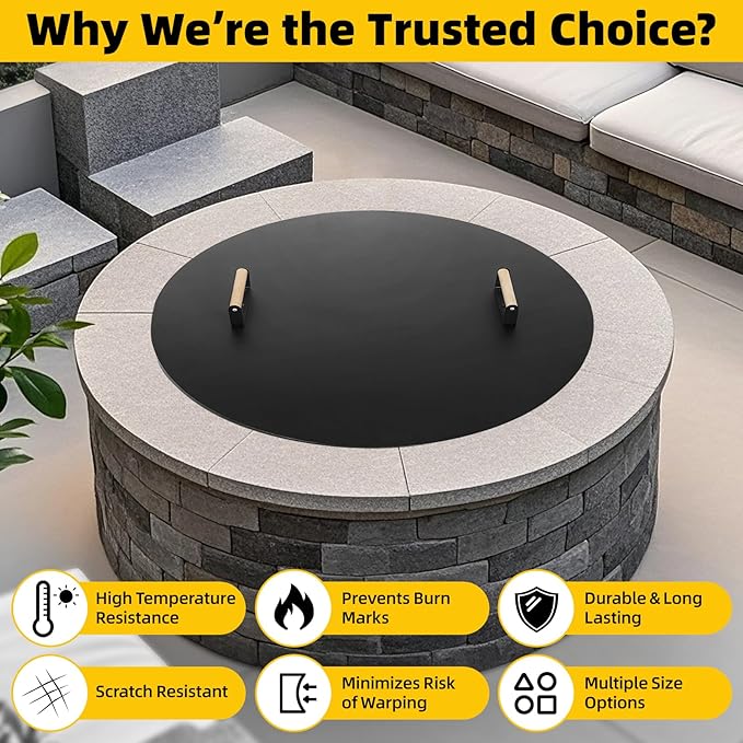 G GOOD GAIN Firepit Lid Round 38 Inch - Rust Resistant Fire Pit Lid Cover with Wooden Handle & Gloves, Fire Pit Snuffer Lid for Courtyards, Patio, Winter Cold Protection. Fits Fire Pits Up to 36"