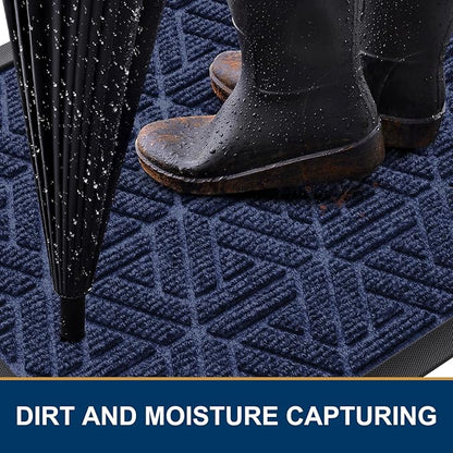 Smiry Front Door Mat Outside Entrance, Heavy Duty Sturdy Natural Rubber Doormat, Trap Dirt and Moisture, Easy Clean Low Profile Mats for Indoor Outdoor Entry, Grid Geometric (47x32, Navy Blue)