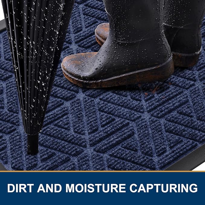 Smiry Front Door Mat Outside Entrance, Heavy Duty Sturdy Natural Rubber Doormat, Trap Dirt and Moisture, Easy Clean Low Profile Mats for Indoor Outdoor Entry, Grid Geometric (59x24, Navy Blue)