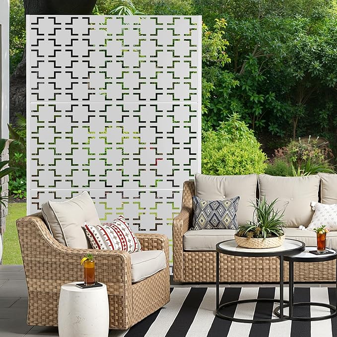 Metal Privacy Screen for Outdoor & Indoor Use, Free Standing Privacy Screen for Patio Garden Pool, 72" H x 47" W Decoative Privacy Panels, Weather Resistant, Easy Assembly (White Square)