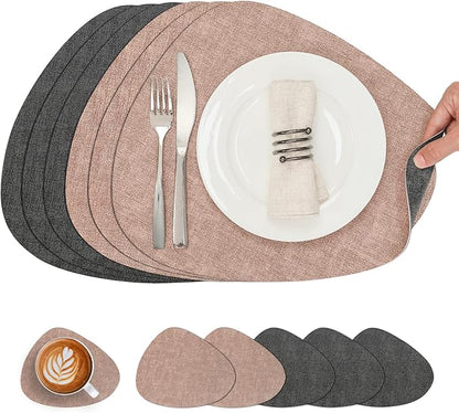 Placemats and Coasters, Washable Reversible Placemats Round Faux Leather Wipeable Place Mats Non Slip Heat Resistant Indoor Outdoor Table Mats (Set of 6, Gray Pink)