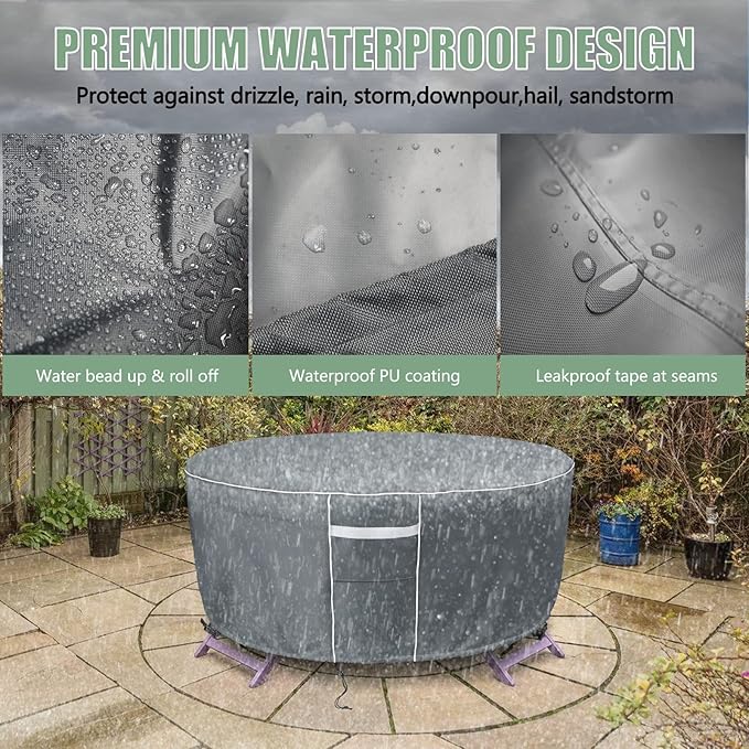 Gasadar Round Outdoor Furniture Cover Waterproof, Round Patio Furniture Covers for Patio Table and Chairs Set, Heavy Duty 600D, 62" Dia x 28" H, Grey