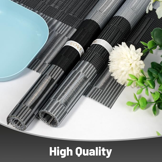 Placemats Set of 8，Non-Slip PVC Weave Table Mats Easy to Clean，Heat Resistant Place Mats for Kitchen Dining Table Decoration Indoor Outdoor，Black Gray