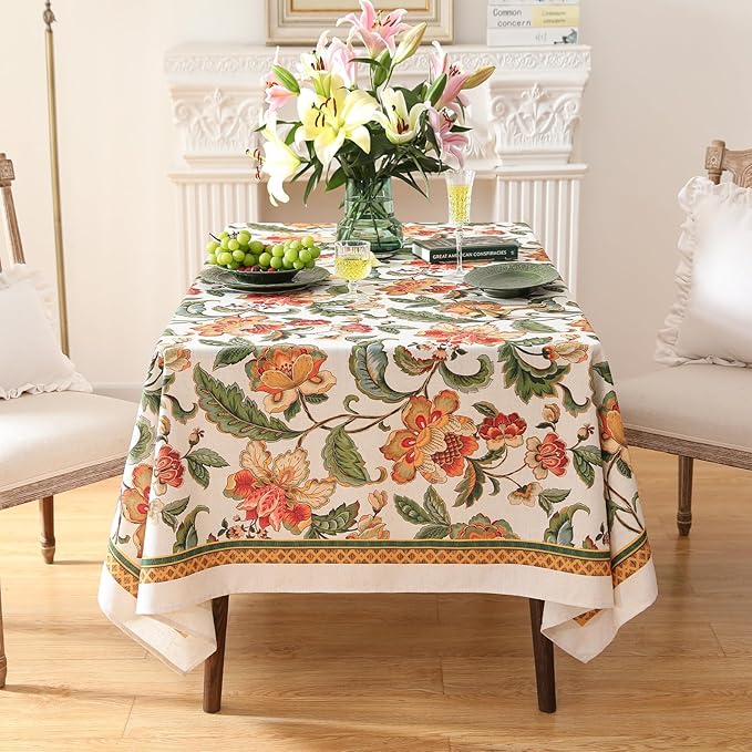 patdrea Designer Vintage Linen Rectangular Tablecloth,Provencal Rustic Floral Pattern Tablecloths,Decorative Table Cover Cloth for Kitchen,Dining,Tea Party,Home,Christmas,63"*110"