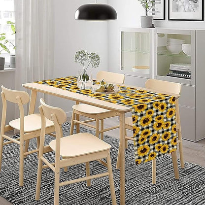 Summer Sunflower Table Runner, Sunshine Seasonal Buffalo Plaid Table Runner for Indoor Home Party Kitchen Dining Outdoor 13x70in