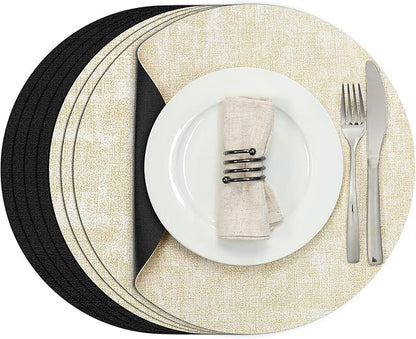 Myir JUN Round Placemats Dual Sided, Faux Leather Place Mats Set of 4 Indoor Placemats for Dining Table Outdoor Placemats Non-Slip Washable Table Mats (Set of 8, Cream Black)