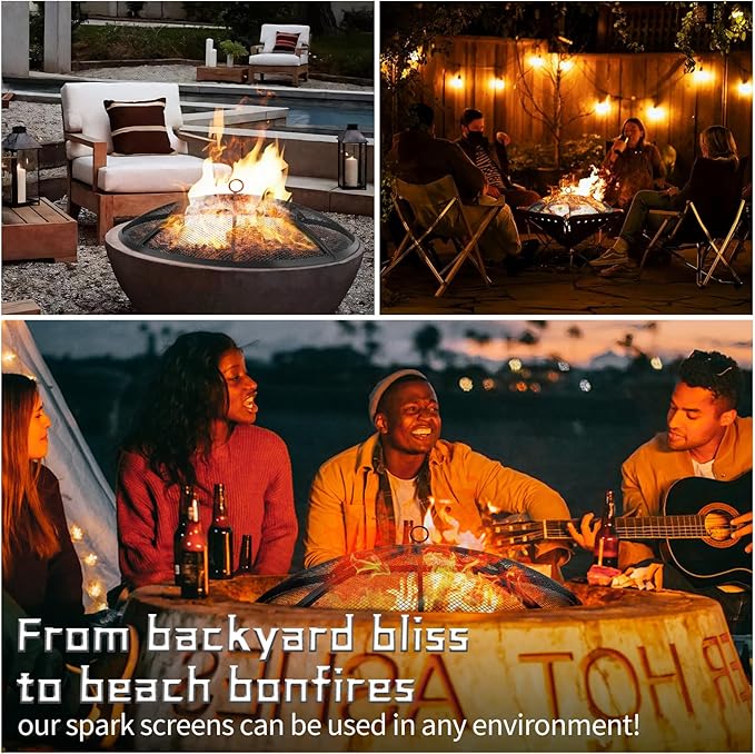 Fire Pit Spark Screen, 24 Inch Outdoor Fire Pit Screen with Foldable Hook and Marshmallow Sticks, Heavy Duty Steel Mesh Fire Pit Cover for Backyard, Beach, RV Camping