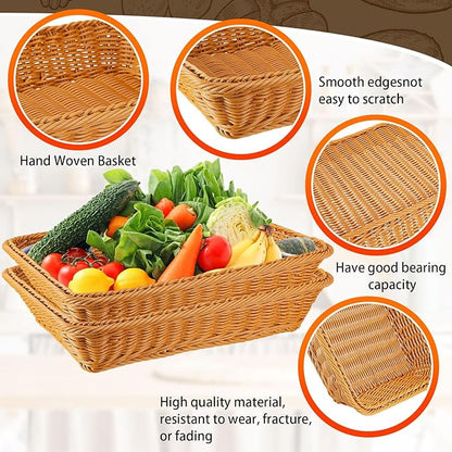 Tioncy 10 Pcs Poly Wicker Bread Basket 17.72 x 13.78 x 3.15 Woven Bread Imitation Rattan Fruit Basket Tray Stackable Rectangular Food Baskets for Serving Display Storage Kitchen Restaurant Vegetable