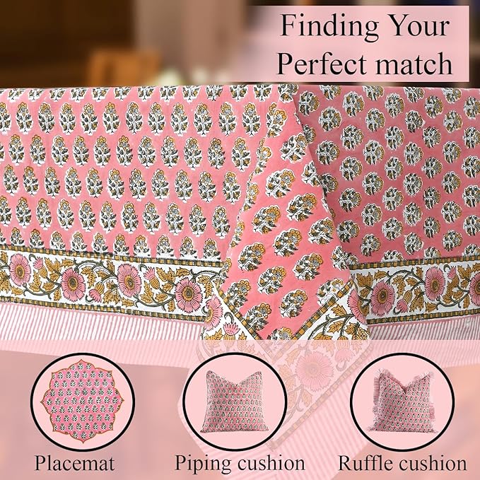 CPC Tablecloth 100% Cotton 60x60 Inch Indian Block Print Rectangle Table Cover, Washable Table Cloth for Weddings, Spring/Summer, Barbeque - Poppy Pink