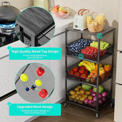 HapiRm Fruit Basket Kitchen Cart - 4-Tier Rolling Storage Cart with Wheels, Fruit Vegetable Basket with Wood Top, Pantry Utility Kitchen Organizer for Fruit Potato Onion Vegetable Bread Snack