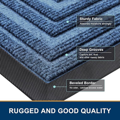 Buganda Front Door Mat Indoor Outdoor Entrance, Non-Slip Natural Rubber Doormats, Easy Clean, Low Profile, Dirt Trapper Entryway Floor Mats for Outside, Garages and Patios, 47x32, Light Blue