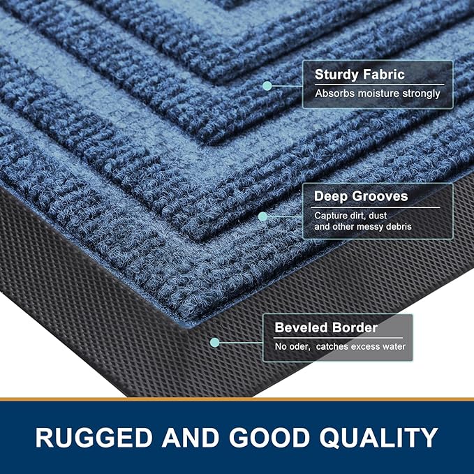 Buganda Front Door Mat Indoor Outdoor Entrance, Non-Slip Natural Rubber Doormats, Easy Clean, Low Profile, Dirt Trapper Entryway Floor Mats for Outside, Garages and Patios, 29.5x17, Light Blue