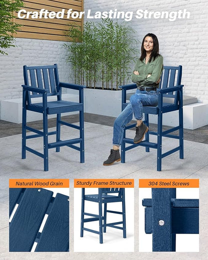 Adirondack Bar Chair Set of 2, HDPE Tall Adirondack Chairs Bar Stools with Footrest, Outdoor Bar Height Stool Chair Set, HDPE Patio Barstools Set for Poolside, Balcony, Garden, Navy