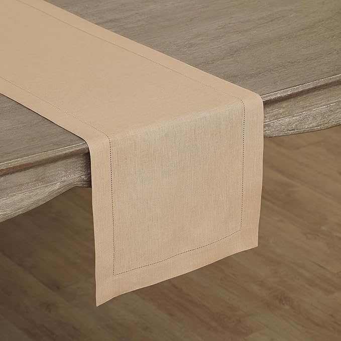 Solino Home Linen Beige Table Runner 90 Inches Long - 100% Pure Linen Hemstitch 16 x 90 Inch Table Runner for Dining, Spring, Easter - Classic Hemstitch