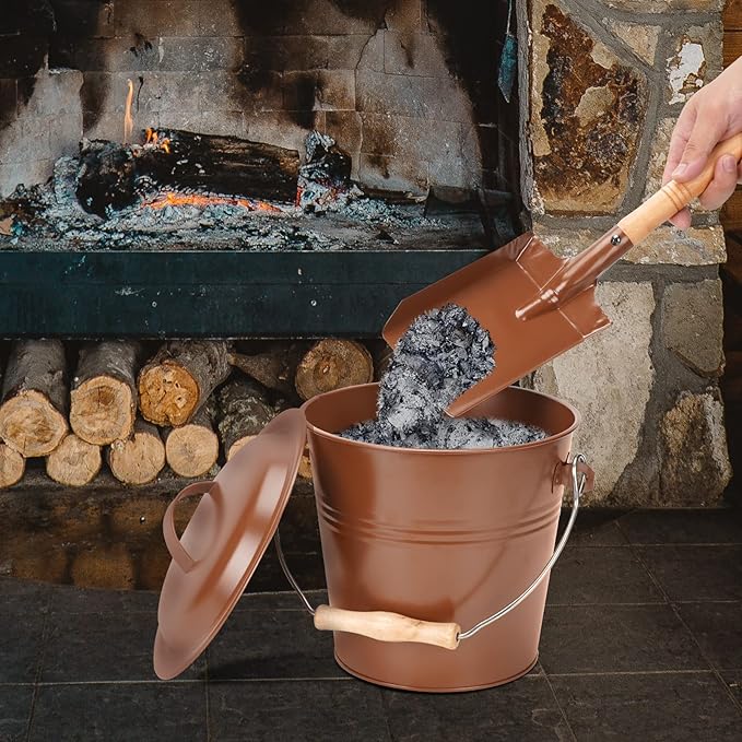 Mini Ash Bucket with Lid, 1.5-Gallon Pail with Shovel and Hand Broom, Metal Bucket Coal and Ash Carrier (Copper)