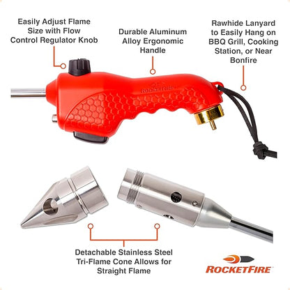 ROCKETFIRE Fire Starter Torch | Perfect Propane Torch Head, Grill Gun, Charcoal Torch | Compatible with Bernzomatic Propane & MAP/PRO Fuels | Stainless Steel Tri-Flame Tip | Fuel NOT Included | Red