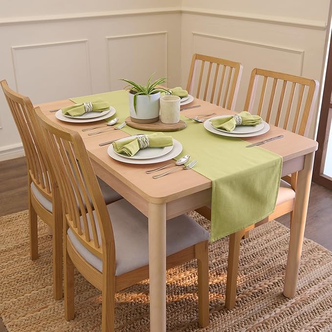 Encasa XO Table Runner 13x91 in Long | Cotton Canvas Fabric | Sage Green Solid Color | Machine Washable & Durable