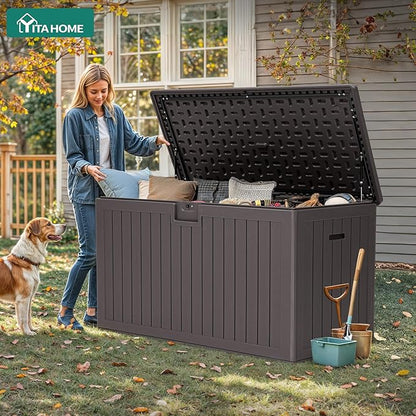 YITAHOME 200 Gallon Extra Large Deck Box, Double-Wall Resin Outdoor Storage Box with Flexible Divider for Patio Cushions Pool Supplies Garden Tools, 990 lbs Load Capacity, Lockable (Brown)