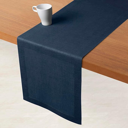 D'Moksha Homes Linen Navy Blue Table Runner 90 Inches Long - 100% Pure Linen 14 x 90 Inch Table Runner for Dining, Winter, Holiday - Machine Washable