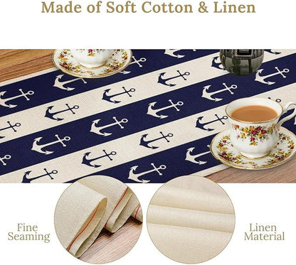 Nautical Anchor Table Runner, Ocean Beach Coastal Beach Stripe Background Theme Table Runner for Dining Kitchen Party Holidays Home 13x70in