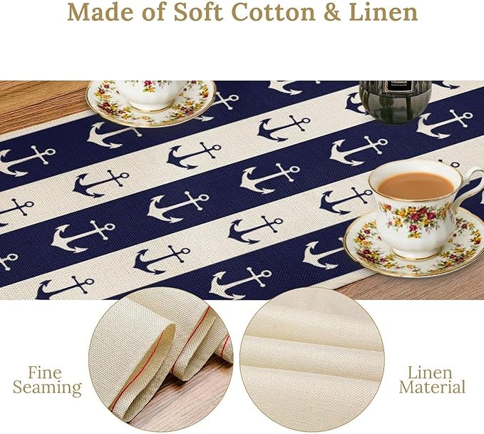 Nautical Anchor Table Runner, Ocean Beach Coastal Beach Stripe Background Theme Table Runner for Dining Kitchen Party Holidays Home 13x36in
