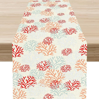 Coral Table Runner, Red Nautical Rustic Coastal Farmhouse Tropical Ocean Undersea Coffee Table Center Decor for Home Kitchen Dining Patio Holiday Party Table Decorations 13"x36"
