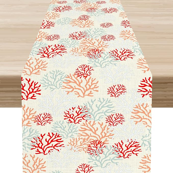Coral Table Runner, Red Nautical Rustic Coastal Farmhouse Tropical Ocean Undersea Coffee Table Center Decor for Home Kitchen Dining Patio Holiday Party Table Decorations 13"x108"
