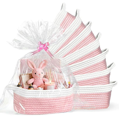 Succwoah 8 Pack Small Woven Baskets with Gift Bags & Ribbons & Cards, Cotton Rope Nursery Storage with Handles, 12"x8"x5", Empty Gift Baskets for Baby Shower, Christmas, Thanksgiving, Organizer (Pink)