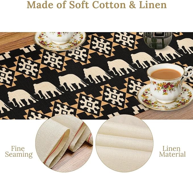 African Table Runner, African Art Elephants Geometric Tribal Ethnic Table Runner for Dining Kitchen Farmhouse Party Coffee Home 13x120in