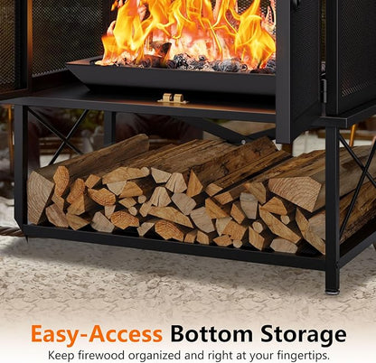 2-in-1 Metal Chiminea Fireplace with Grill,Wood Burning Outdoor Fireplace with Wood Storage, Chimney,Metal Mesh Spark Screen,and Fire Tongs Ideal for Yards,Patios, Gardens,Camping,and Picnics