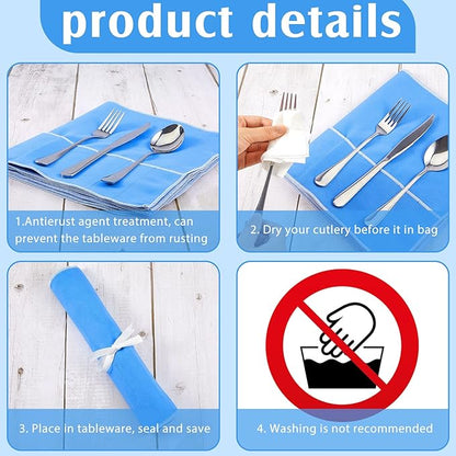 4 Pieces Anti Tarnish Silver Storage Bags silverware Blue Holder for Flatware Storage Organizer Place Setting Roll with White Ribbon for Kitchen Utensils