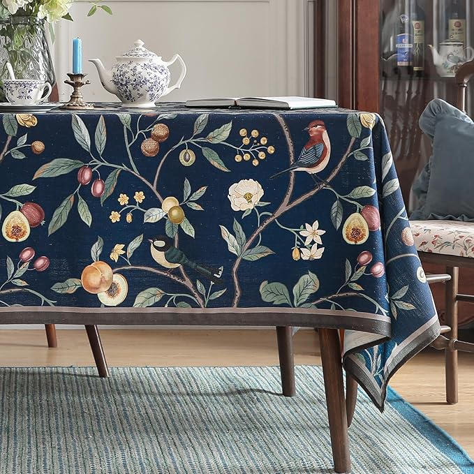 Linen Table Cloth Rectangle,Wrinkle Resistant French Blue Tablecloth Print with Froal,Decor Stitch Table Cloth for Thanksgiving,Dining Room,Home,Kitchen 63" × 102"-DeweyA Blue