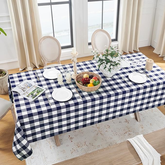 Softalker Gingham Checkered Tablecloth Rectangle - Outdoor Waterproof Buffalo Plaid Table Cloth, Stain Resistant Washable Table Cover for Picnic, Camping, Dining - Navy Blue and White, 54 x 108 Inch