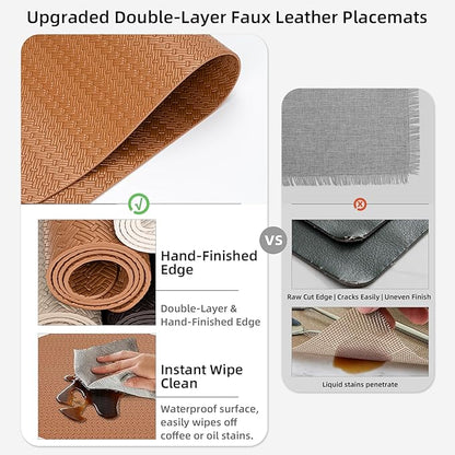 Round Faux Leather Placemats Set of 6 – 13 Inch Vinyl Mats, Heat Resistant, Non Slip, Wipeable & Washable, Easy to Clean Dining Table Decor for Kitchen & Holiday Gatherings – Cinnamon Brown