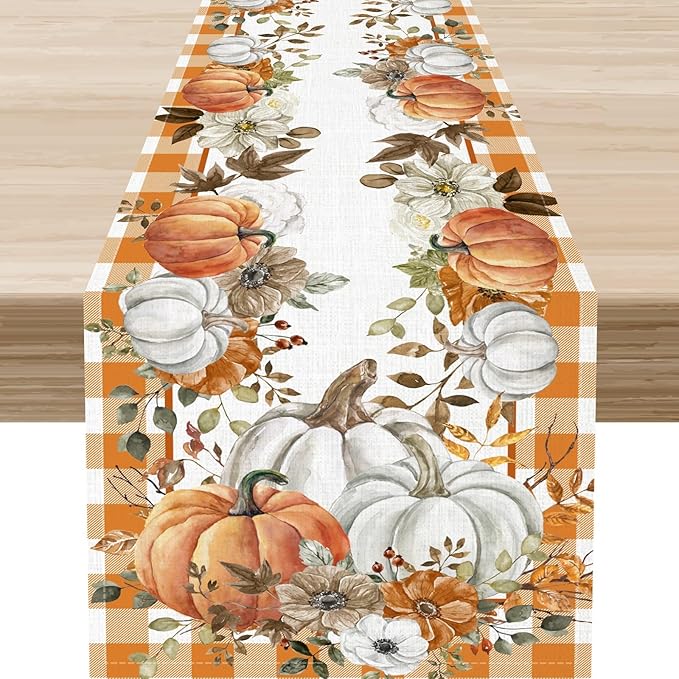 Fall Table Runner, Farmhouse Autumn Pumpkin Harvest Orange Buffalo Plaid Thanksgiving Rustic Coffee Table Center Decor for Home Kitchen Dining Patio Holiday Party Indoor Outdoor, 13"x90" Inch