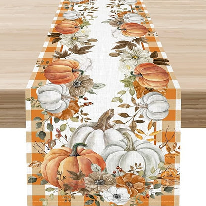 Fall Table Runner, Farmhouse Autumn Pumpkin Harvest Orange Buffalo Plaid Thanksgiving Rustic Coffee Table Center Decor for Home Kitchen Dining Patio Holiday Party Indoor Outdoor, 13"x90" Inch