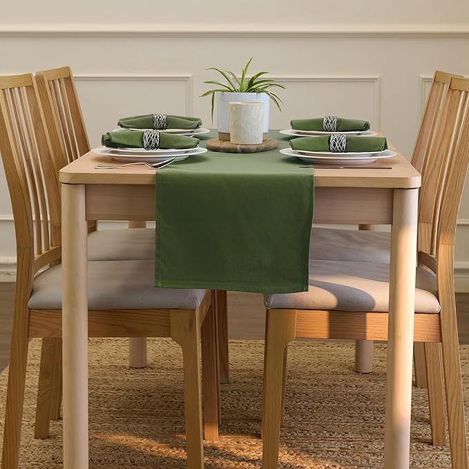Encasa XO Table Runner 13"x104" Long | Cotton Canvas Fabric | Leaf Green Solid Color | Machine Washable & Durable